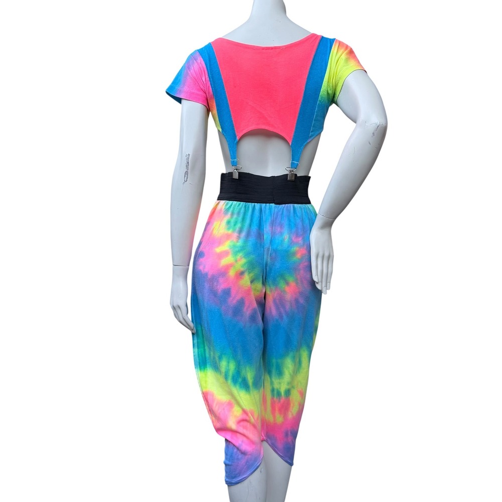 Vintage Neon Tie Dye 2Pc Set Suspender Crop Top Harem Pants Dopamine Dressing M - Picture 6 of 16